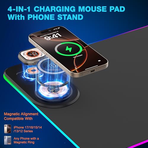 Image of Gaming Mouse Pad Wireless Charging - Desk Mat Magnetic Foldable Phone Stand 15W Fast Charge, RGB Extended Large Keyboard Mousepad - PC Laptop Desk Pad for Work Game (Adapter Not Included)