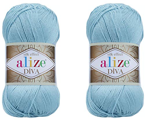 Alize Diva Yarn Hand Knitting Yarn 100% Microfiber Acrylic Yarn Alize Diva Silk Effect Thread Crochet Art Lace Craft Lot of 2 skeins 200gr 767 yds (346-Sky Blue)