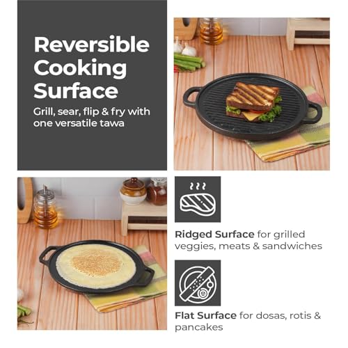 Lifelong 2 in 1 Cast Iron Grill Tawa Pan with Wooden Spatula | 30 cm Reversible Cookware | Dual Surface for Roti, Dosa, Grill, Fish & More |Gas &... - Image 4