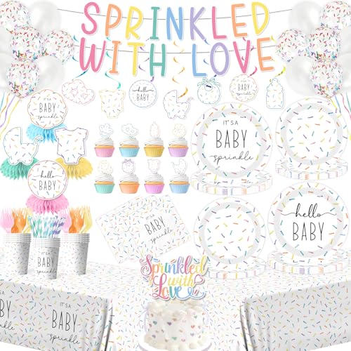 197Pcs Baby Sprinkle Decorations Sprinkled with Love Baby Shower Supplies incldue Plates Napkins Cups Tablecloth Banner Balloon Cake Topper Table Centerpieces for Baby Sprinkle Decorations for Girl