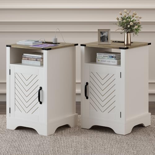RoyalCraft Farmhouse Nightstand Set of 2, Tall Nightstand with Charging Station, Large End Table with Storage, White Wood Bedside Table for Bedroom, Home Office, White and Rustic Oak RoyalCraft Farmhouse Nightstand Set of 2, Tall Nightstand with Charging Station, Large End Table with Storage, White Wood Bedside Table for Bedroom, Home Office, White and Rustic Oak
