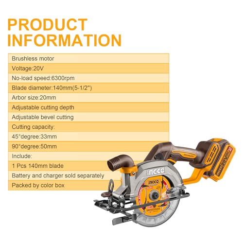 Image of INGCO 20V Cordless Circular Saw (Body Only) 140mm, Brushless Motor, 6300RPM Max. Cutting Depth 50mm (90) Electric Circular Saw, 20mm Arbor CSLI1402