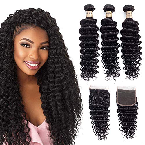 Malaysian Deep Wave 3 Bundles with Lace Closure 8A 100% Unprocessed Human Hair Bundles with 4×4 Free Part Lace Closure Deep Wave Virgin Hair Bundles Natural Color (20 22 24 with 18)