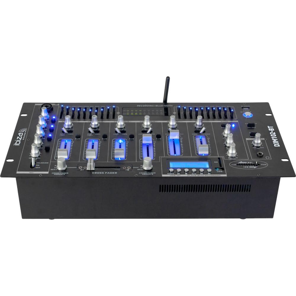 IBIZA SOUND DJM102-BT 19" Rack-Mischpult mit 6 Kanälen, Bluetooth, USB, Line, Phono, Mikrofon-Eingänge, XLR, 1/4" TRS Ausgänge