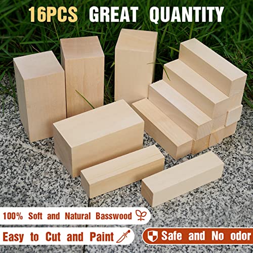 Image of Basswood Carving Blocks, 16PCS Whittling Wood Blocks Kit with 2 Different Sizes, Easy to Use, for Kids and Adults