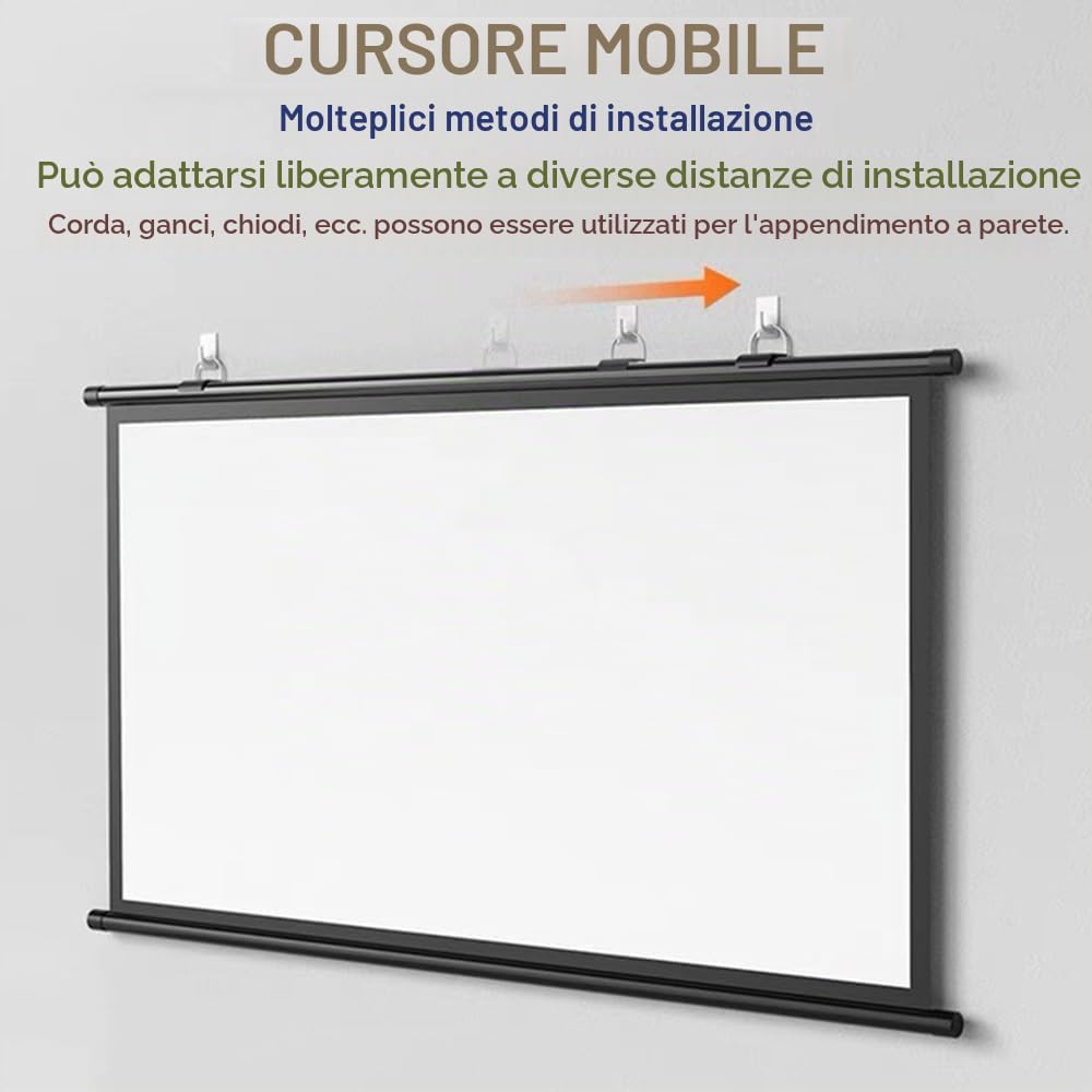 Schermo Proiettore Avvolgibile Manuale Schermo di Proiezione A Parete 40 50 60 Pollici Telo Proiettore Home Theater HD 4K per Interni Esterni, Formato 4:3 16:9(72 inch (16:9))