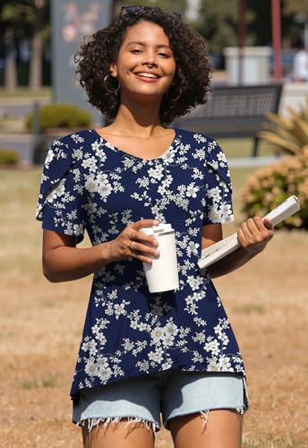 Image of CATHY 2026 Women Tops Summer Short Sleeve Tunic V Neck T-Shirts Loose Casual Floral Blouse S-4XL
