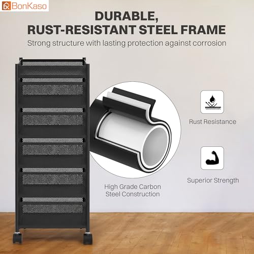 Image of BonKaso 6-Layer Square Multipurpose Kitchen Trolley with Swivel Storage Basket & 360 Rotating Wheels, Black Steel Frame, Easy Mobility, Space-Saving and Durable