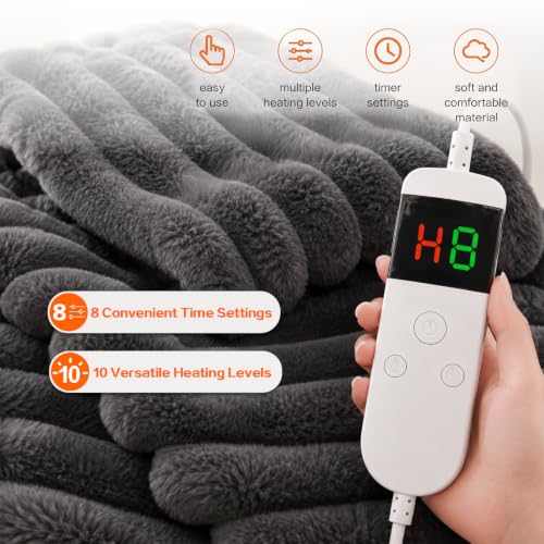Image of Heated Blanket Electric Throw 50″x60 ″Inch - Thick Striped Flannel Electric Blanket,10 Heating Levels, 1-12 Hours Auto Off, Fast Heating Heating Blanket with Overheat Protection.