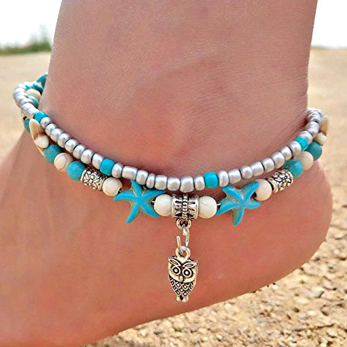 Image of Softones Blue Starfish Turtle Anklet Multilayer Charm Beads Sea Handmade Boho Anklet Foot Jewelry for Women