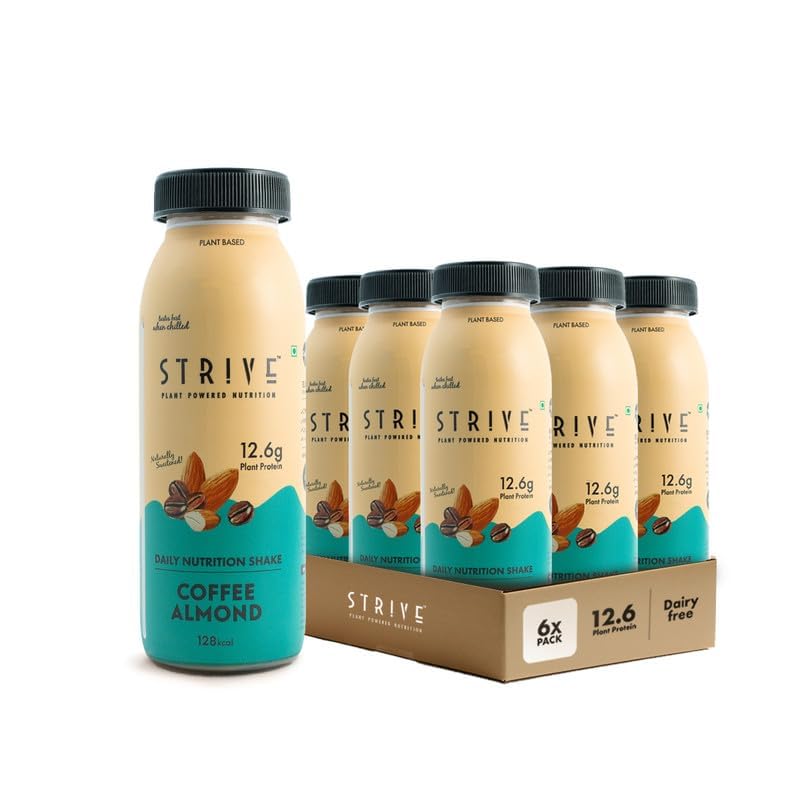 Strive Vegan Protein Shake with 12.6g Plant Protein and 25% Calcium, Naturally Sweetened, Low Calorie Drink, No Dairy, No Sugar, Healthy & Delicious, Pack Of 6 x 200ml (Coffee Almond)