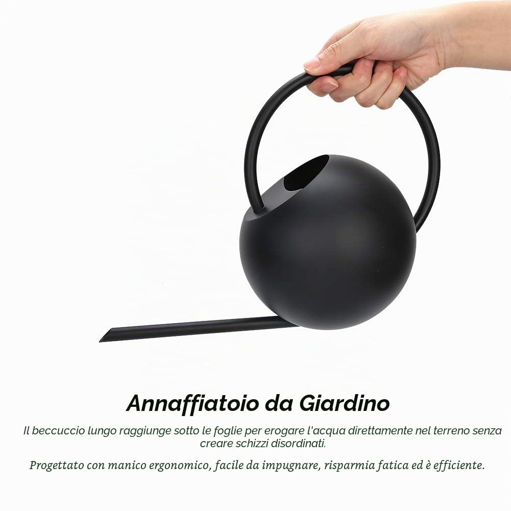 Long Spout Annaffiatoio in acciaio inox, 1 l, nero, per piante da interno ed esterno, superficie spazzolata con beccuccio di precisione