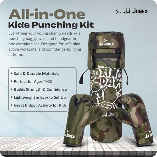 Image of JJ Jonex Sports Kids Boxing Punching Bag Set - Heavy Boxing Bag, Gloves, MMA, Home Gym & Martial Arts Training Equipment | for Boys & Girls for Age 3 4 5 6 7 8 Years | Camouflage Color |