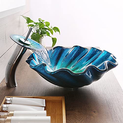 Ocean Blue Shell Color Art Basin Boven Het Aanrechtblad/Wastafel Van Gehard Glas/Badkamer Artistieke Gootsteen/Met… - Image 4