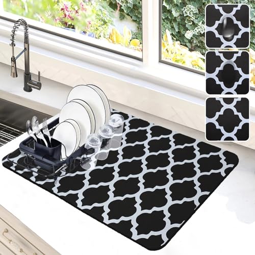 Image of Dish Drying Mat for Kitchen Counter, 12x19 Rubber Backed (Black Trellis)