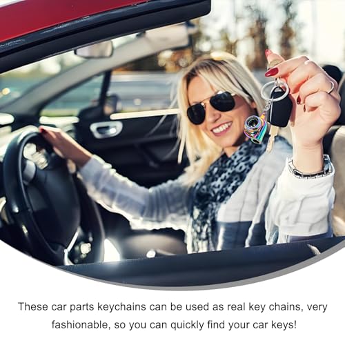 Image of KVAEY 5 PCS Car Parts Model Key Chains, Metal Turbo Keychain Set, Trendy Shock-Absorbent Car Parts Key Chain for Men Women (Yellow+Blue)