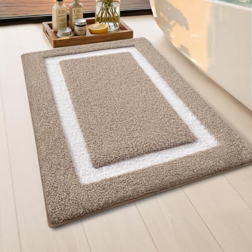 Image of Color&Geometry Mini Bathroom Rugs 16x24, Extra Soft Absorbent Microfiber Bath Rug, Non-Slip Bathroom mat, Washable Plush Bath Mats for Bathroom, Shower, Bathtub, Laundry, Khaki White
