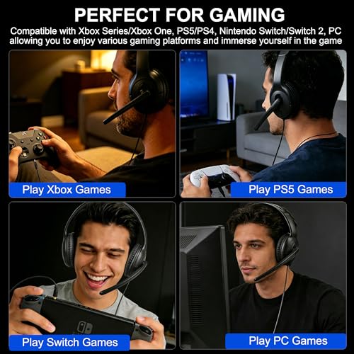Image of Wired Gaming Headset with Mic for Xbox /PS5 /PS4 /Switch /PC /Laptop /Tablet /Phone, Over-Ear Headphones with USB-A /C & 3.5mm Jacks /330 Rotating Microphone /In-line Control for Home Office Business Work