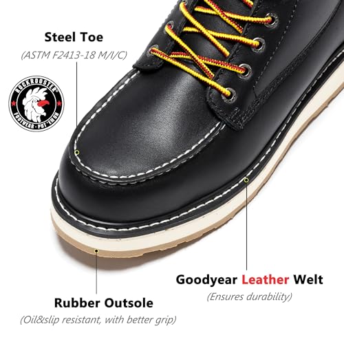 ROCKROOSTER Trinidad 6" Black Steel Toe Wedge Work Boots for Men, Durable Leather Welted Moc Toe Heritage Men's Safety Boots SAP2301 VAP23012