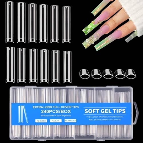 MtnLaur 240Pcs Capsules Ongles Longues Carrées, Extra Long Bouts Ongles Carrés, 12 Tailles No C Curve Ongle Extensions, Transparents Acrylique Capsules Ongles, pour...
