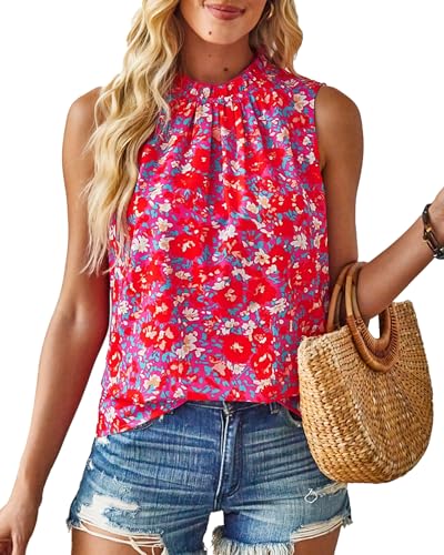 SimpleFun Womens Tank Tops Ruffle High Neck Pleated Summer Blouses Floral Sleeveless Shirt