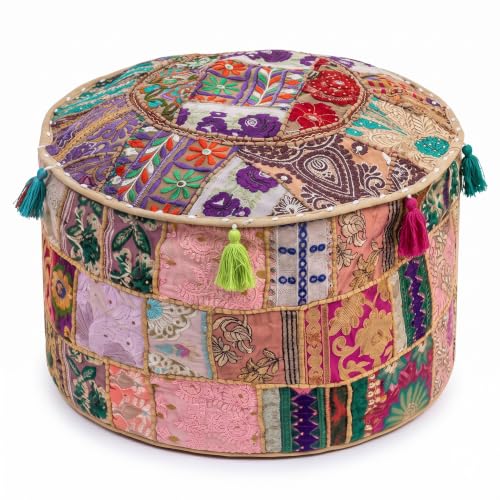 THE ART BOX Cotton Patchwork Vintage Boho Embroidered Pouf Cover 14x22