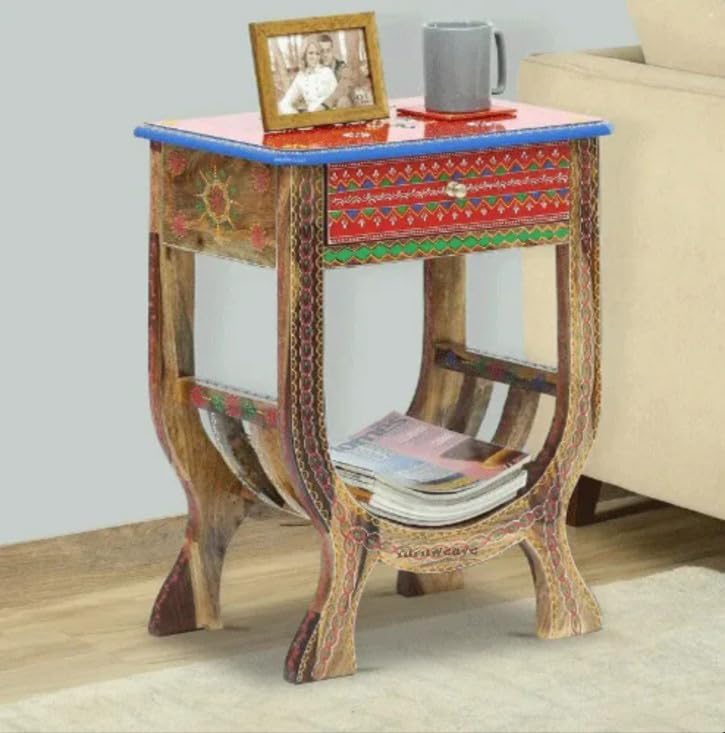 Image of Wooden Bedside Table for Bedroom, Sheesham Wood Bedside Table with Drawer for Living Room & Home | Wooden Nightstand for Living Room | End Table for Bedroom (Multicolour-BS1)