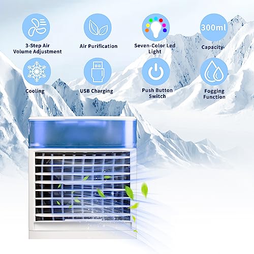 Portable Air Conditioner, 4 in 1 Portable AC, 3 Speeds Portable Room Air Conditioner,With Misting Function, Continuous Humidification, With USB Charging Cable(300ml)
