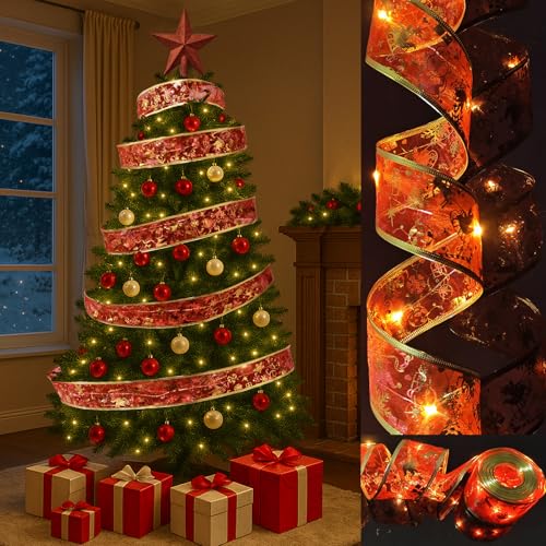 AMLOOPH - AMLOOPH Christmas Tree Lights, Red 6m Christmas Tree Ribbon String Fairy Lights for Tree Christmas Decorations, Battery Warm White 60 LED Ribbon Christmas Lights Indoor for Xmas Tree Decorations