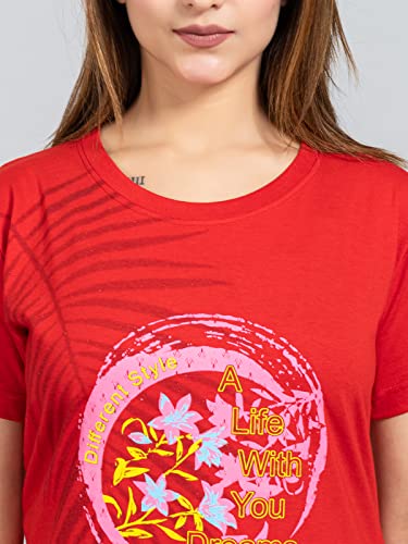 Image of Magknit Fancy Printed Both Side Cut Cotton Blend Half Sleeves and Lightwiegt Trendy Summer Long T Shirt for Women