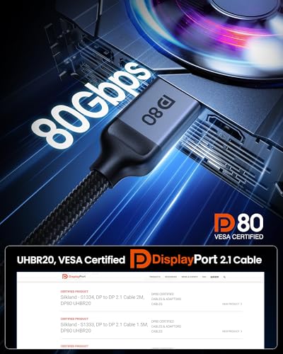 Image of Silkland 80Gbps DisplayPort 2.1 Cable 5FT [VESA Certified], [8K@240Hz, 4K@540Hz 360Hz 240Hz] DP 2.1 Cable, HDR HDCP DSC 1.2a Display Port Cord Compatible DP 1.4 G-Sync Gaming Monitor 5090 9070XT
