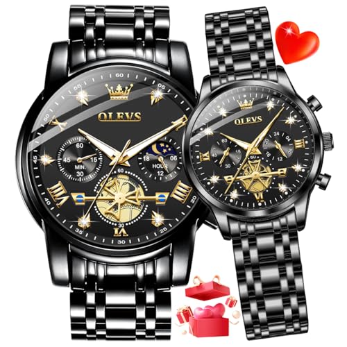 Image of OLEVS Analog Unisex Adult Couple Watch Set His & Her Matching Watches with Luxury Diamond Accents-Two-Tone Silver Strap,Blue Dial Valentine's Day Stainless Steel Original Quartz Watch Lovers Set