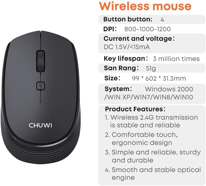 Image displaying the CHUWI Wireless Mouse S1 alongside a list of its technical specifications including DPI, buttons, and system compatibility.