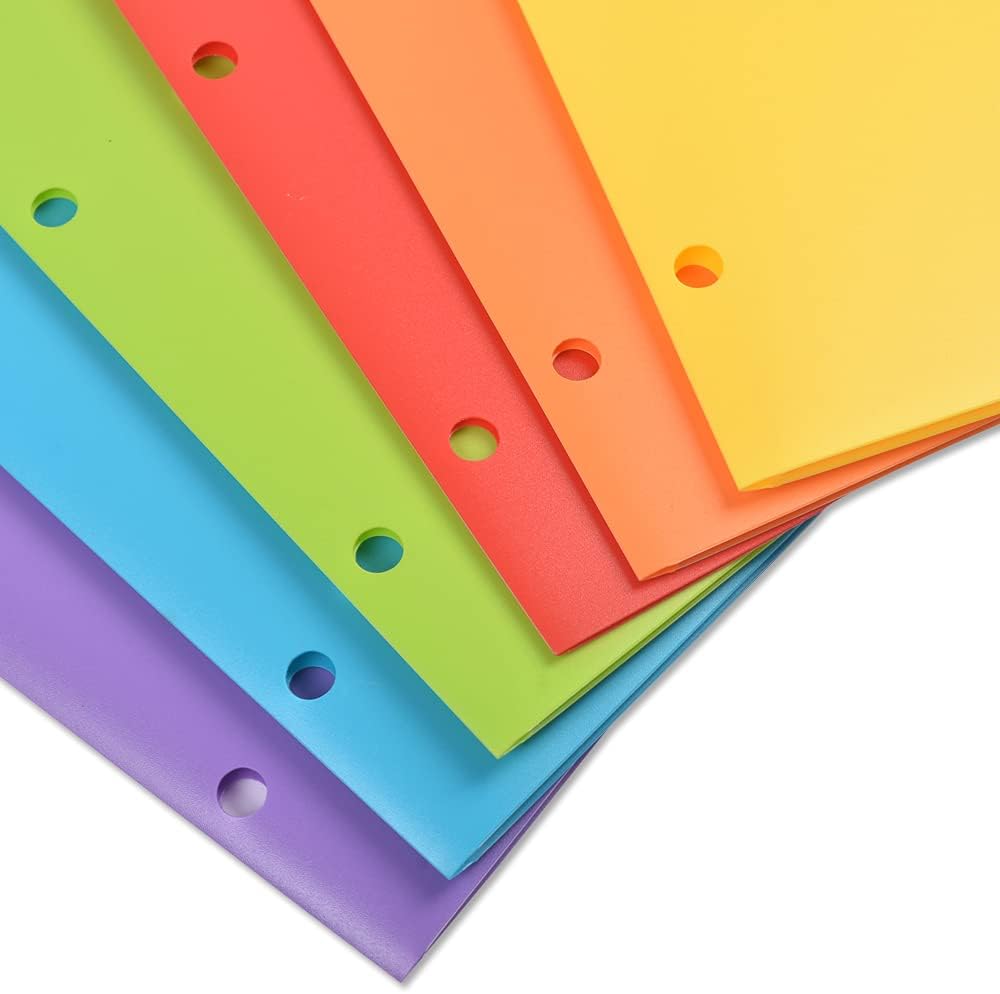 INFUN Heavy Duty Plastic 4 Pocket Folders-6pack，Assorted Colors 3 Hole Folders with 2 Horizontal Pockets and 2 Vertical Pockets for 3 Ring Binder, Letter Size/ A4