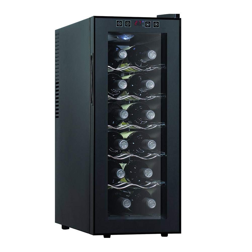Nevera de 12 botellas de vino, minibar, refrigerador de 11-18 °C, control táctil ajustable, luces LED, elegante, adecuado para el hogar, bar, fiesta, negro, 12 botellas