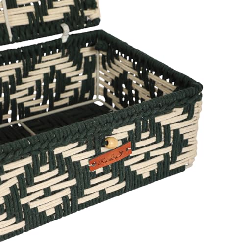 Image of Kaahira Handmade Decorative Storage Box and Organiser | Macrame Gift Hamper Box for Cosmetics, Toiletries & Return Gifts | Aesthetic Rope Woven Organizer (Green and White, Small - 9x6x4 inches)