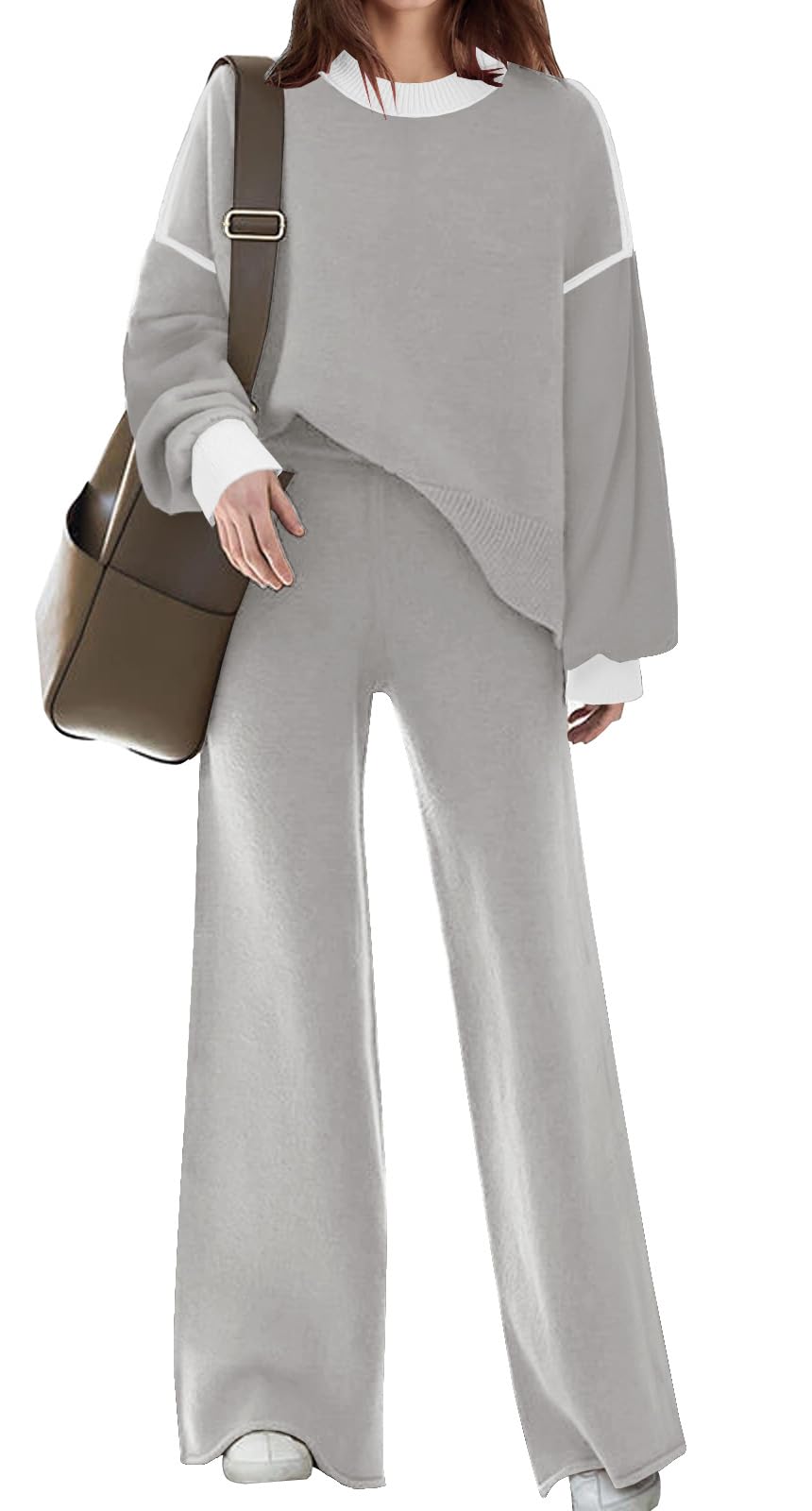 DisamerWomens 2 Piece Outfits Sweater Set Long Sleeve Knit Pullover Sweater Top Wide Leg Pants Lounge Sets