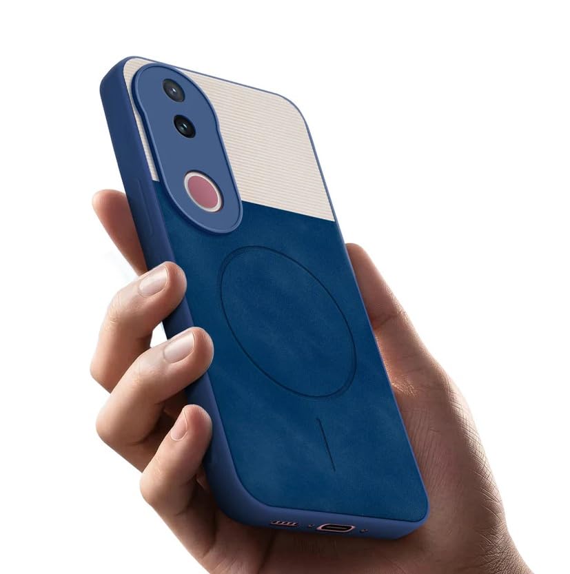 Image of Bintage CASE Mac Safe Design Hard Light Weight Back Case | Soft Border Camera Protect | Dual PU Leather Finish Back Cover Compatible for IQOO Z10R 5G - White & Blue