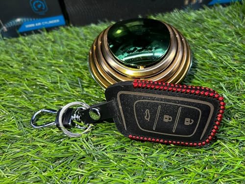 Image of Leather Smart Car Key Cover Case with Metal Hook Keychain for MG Hactor Plus(Black)