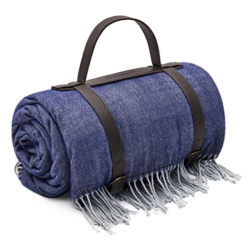 KingCamp Faux Wool Picnic Beach Blanket,Throw Blanket, Waterproof Backing with PU Handle, Large Size for Outdoor Camping Hiking (Blue/Grey)