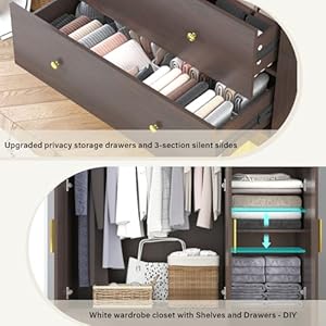 3 Door Wardrobe Closet with Mirror & LED Lights, Bedroom Armoire with Drawers & Shelves, Farmhouse Wooden Armoire Wardrobe Closet with Hanging Rod for Bedroom, Brown 3 Door Wardrobe Closet with Mirror LED Lights Bedroom Armoire with Drawers Shelves Farmhouse Wooden Armoire Wardrobe Closet with Hanging Rod for Bedroom Brown