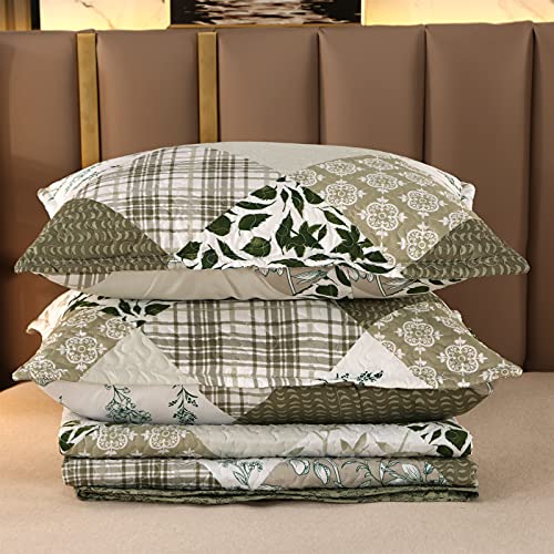 Vinilite Soft Reversible Quilt Set Queen Size, 3 Piece Microfiber Checkered Patchwork Quilted Bedspread Coverlet Bedding Set For All Season With 2 Pillow Shams, Leaf Plant Pattern Stitching, Green #TOP5