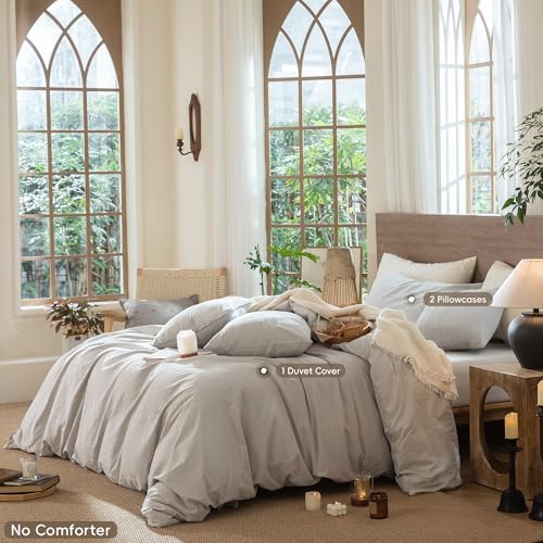 Image of MooMee Wavy Striped Duvet Cover Set 100% Washed Cotton Linen Like Textured Breathable Durable Soft Comfy (Light Grey, Palatial King /Oversized King 120 inchx98 inch)