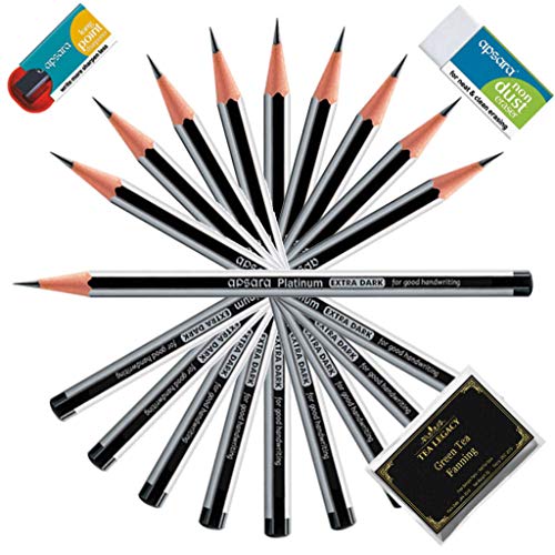 Apsara Platinum Extra Dark School Pencils For Kids (20 Black Wood Cased Lead Pencils + 2 Eraser + 2 Sharpeners Bundle with TeaLegacy Sample Pack) Bold Dark Writing Artist Pencils For Office & College