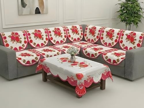Image of Fab Nation Sofa Cover L Shape 5 Seater with Corner L Type Fully Covered Sofa Set for Living Room | Cotton Sofa Slipcovers for 3 + 2 Seaters Cover with 1 Table Cover | Pink Rose