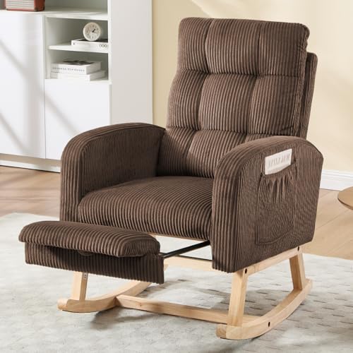 Image of NIOIIKIT Nursery Rocking Chair, Corduroy Upholstered Rocking Chair with Adjustable Footrest, Tufted Rocker Chair with Side Pocket, Glider Rocker for Living Room, Bedroom (Brown Retro)