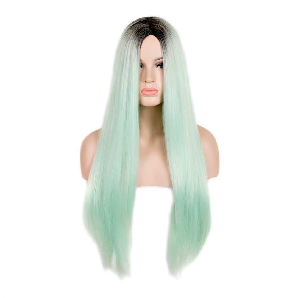 Siyi Long Straight Mint Green Wig Ombre Black Root Synthetic - Main Image