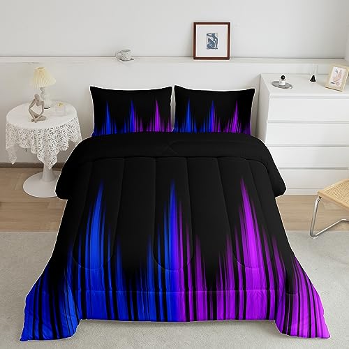 Image of Feelyou Ombre Comforter Full, Ombre Striped Comforter Blue Purple and Black Comforter Set for Kids Boys Girls Geometrics Lines Duvet Set with 2 Pillow Case