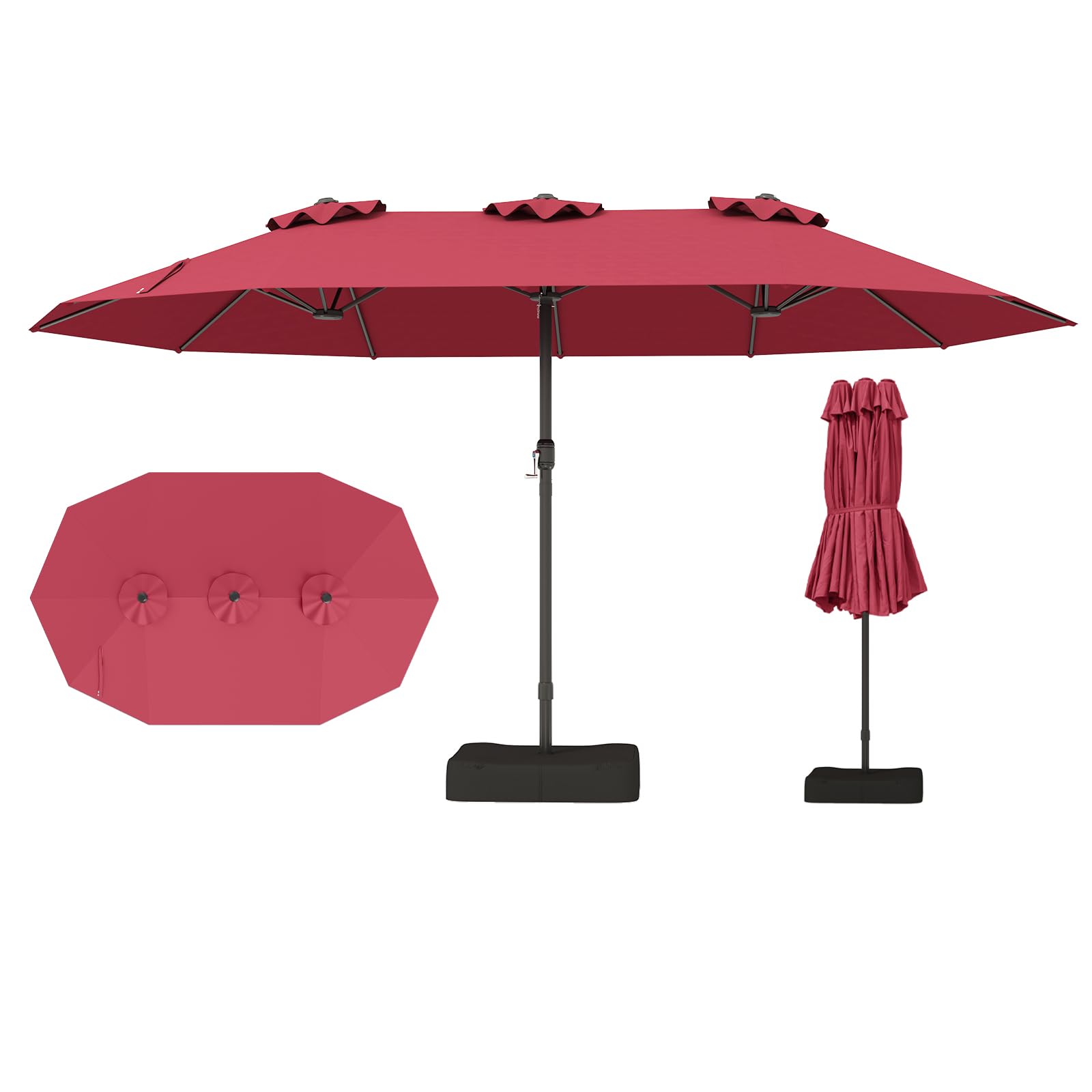 RELAX4LIFE Grand Parasol Double avec Pied 4,7M, Grand Parasol de Jardin Extérieur avec Manivelle, 12 Baleines, Base Croix, Sacs de Sable, Ventilé, Protection Solaire pour Terrasse Marché (Rouge)