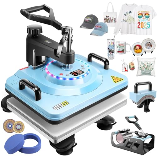 AKEYDIY 5 in 1 Heat Press with Tumbler Attachment 12 x 15 Inch Press W/Light Up PrimePress Sublimation Heat Press Machine Multifunction Swing Away Shirt Printing Heat Press for T-Shirts Cap & Mugs